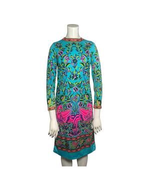 Vintage 60s Mr Dino Psychedelic Bird Print Mod Shift Dress Pink Blue Small